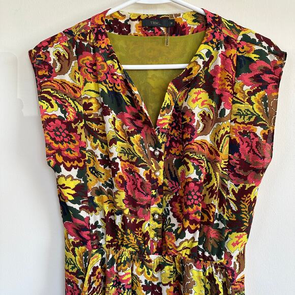 THML Womens Floral Print Button Front V-Neck Short Sleeve Flowy Dress Size M - Picture 4 of 12